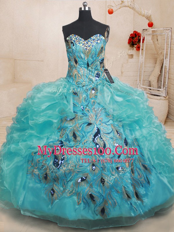 Best Sleeveless Floor Length Beading and Embroidery and Ruffles Zipper Quinceanera Dress with Teal