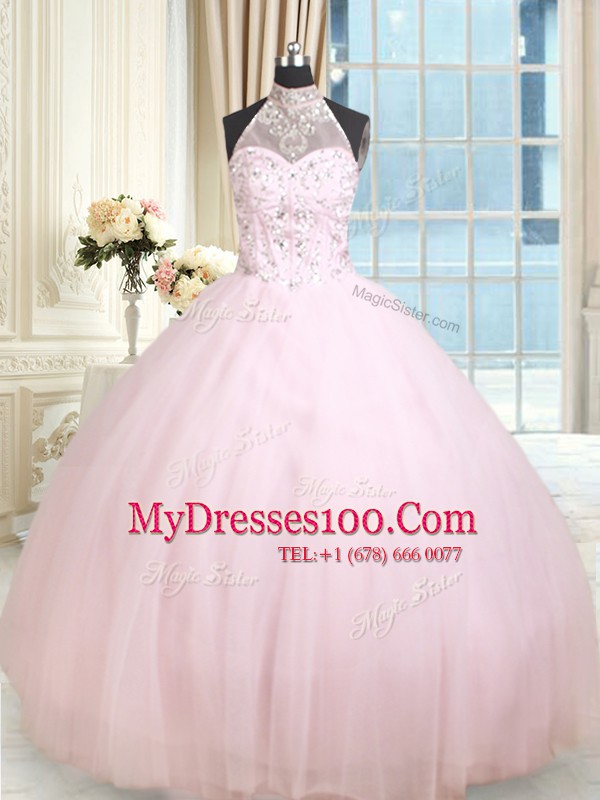 Artistic Halter Top Baby Pink Sleeveless Beading Floor Length Quinceanera Dress