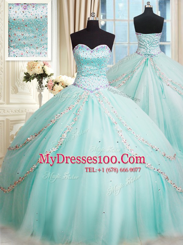 Sweetheart Sleeveless Brush Train Lace Up Quinceanera Gowns Apple Green Tulle