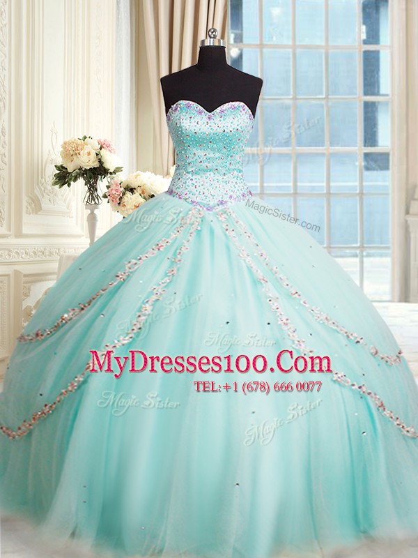 Sweetheart Sleeveless Brush Train Lace Up Quinceanera Gowns Apple Green Tulle