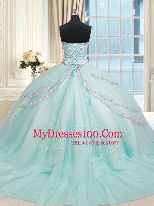 Sweetheart Sleeveless Brush Train Lace Up Quinceanera Gowns Apple Green Tulle