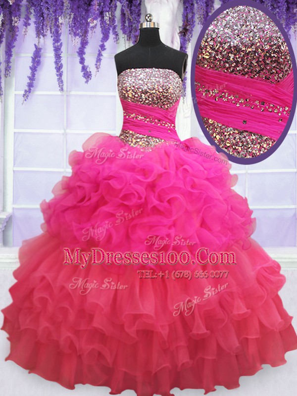 Dazzling Multi-color Strapless Lace Up Beading and Ruffles and Ruffled Layers and Sequins Quinceanera Gown Sleeveless