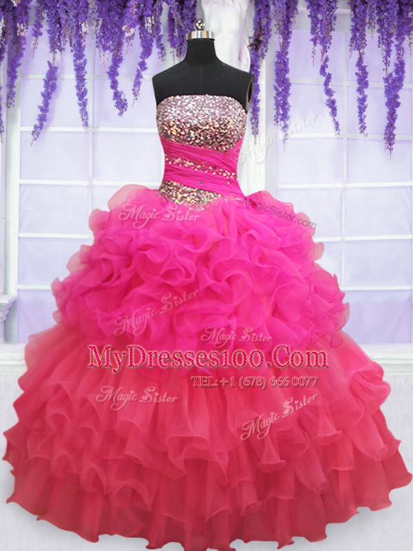 Dazzling Multi-color Strapless Lace Up Beading and Ruffles and Ruffled Layers and Sequins Quinceanera Gown Sleeveless