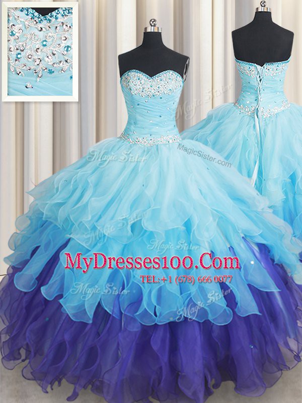 Flare Multi-color Organza Lace Up Sweetheart Sleeveless Floor Length Sweet 16 Dresses Beading and Ruffles