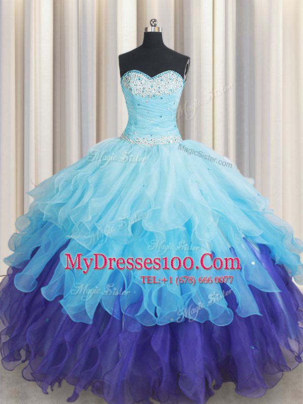 Flare Multi-color Organza Lace Up Sweetheart Sleeveless Floor Length Sweet 16 Dresses Beading and Ruffles