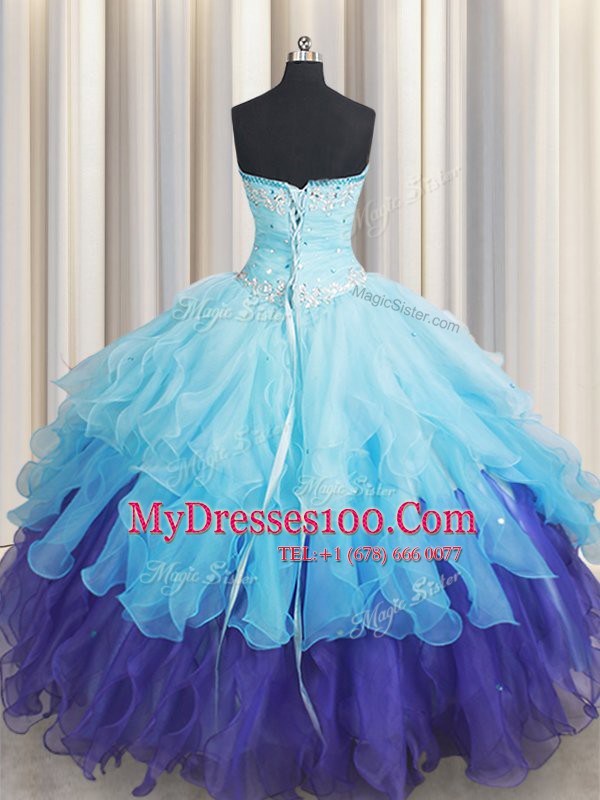 Flare Multi-color Organza Lace Up Sweetheart Sleeveless Floor Length Sweet 16 Dresses Beading and Ruffles