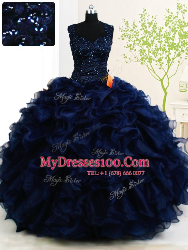 Straps Sleeveless Floor Length Beading and Ruffles Zipper Quinceanera Gown with Navy Blue