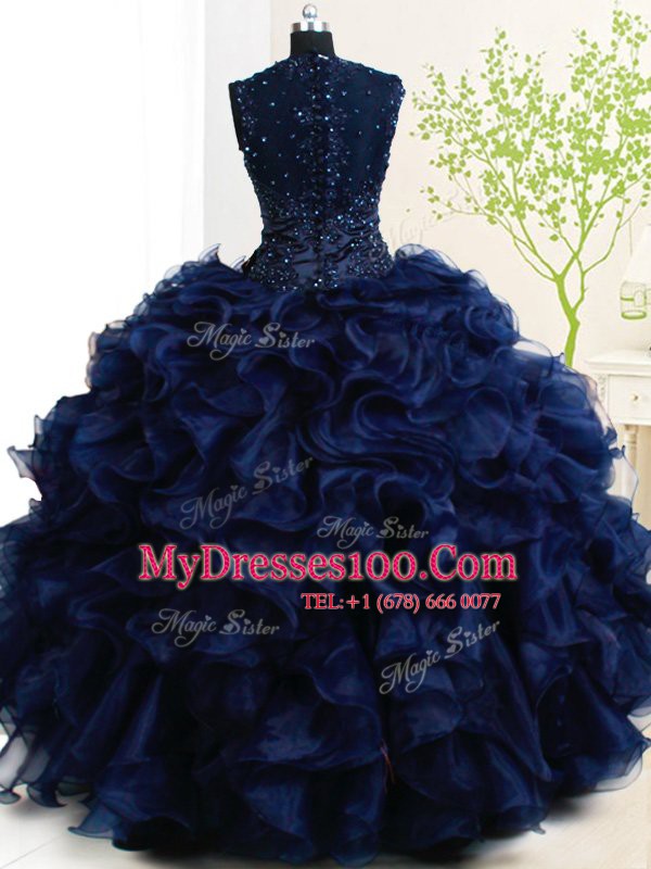 Straps Sleeveless Floor Length Beading and Ruffles Zipper Quinceanera Gown with Navy Blue
