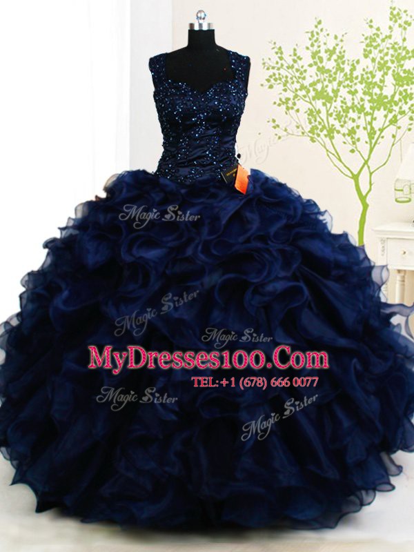 Straps Sleeveless Floor Length Beading and Ruffles Zipper Quinceanera Gown with Navy Blue