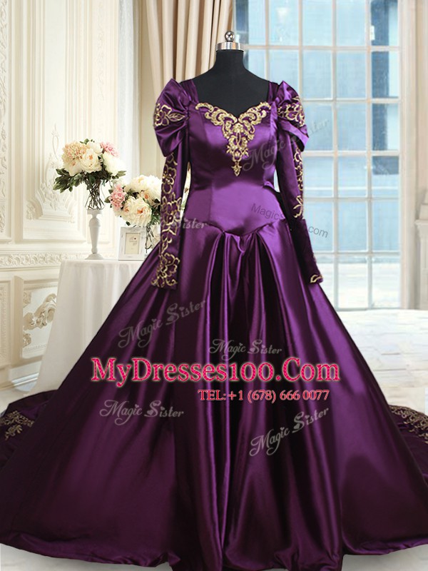 Dark Purple Taffeta Zipper Off The Shoulder Long Sleeves With Train Sweet 16 Dresses Chapel Train Beading and Embroidery