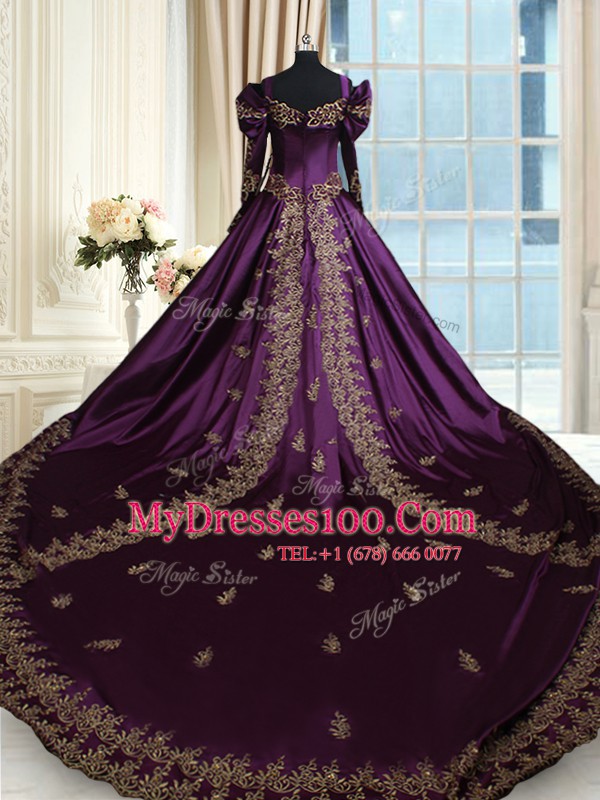 Dark Purple Taffeta Zipper Off The Shoulder Long Sleeves With Train Sweet 16 Dresses Chapel Train Beading and Embroidery