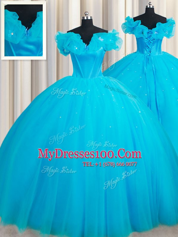 Dramatic Baby Blue Tulle Lace Up Off The Shoulder Sleeveless Quinceanera Gowns Court Train Hand Made Flower