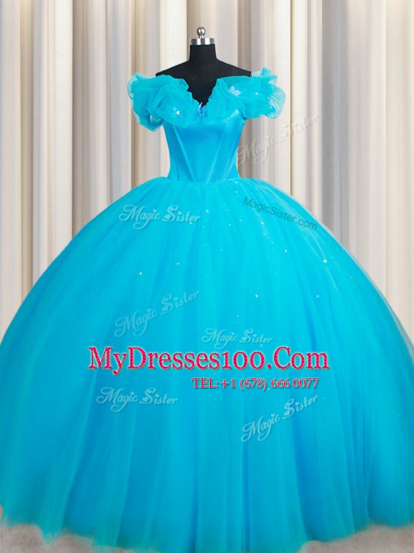 Dramatic Baby Blue Tulle Lace Up Off The Shoulder Sleeveless Quinceanera Gowns Court Train Hand Made Flower