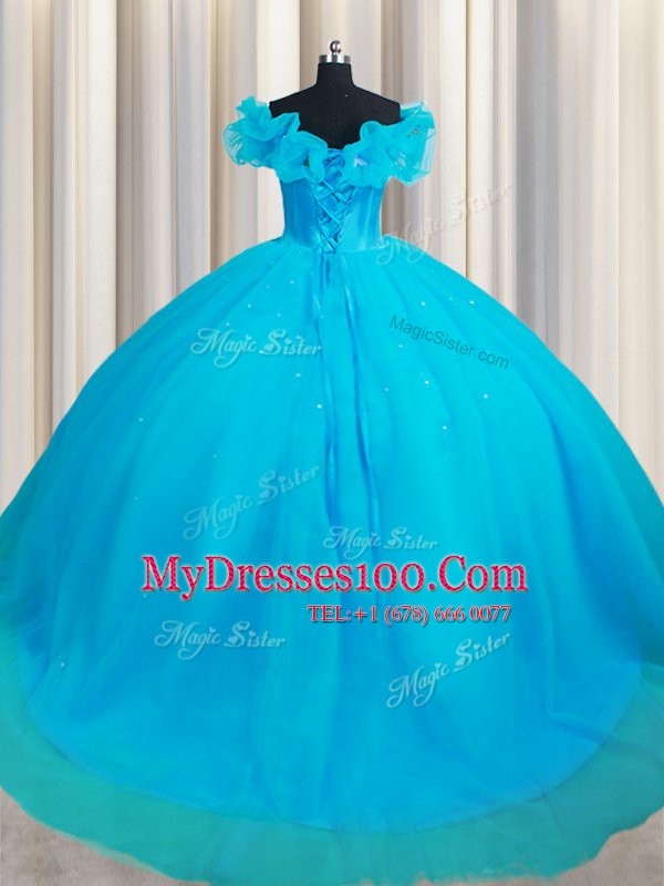 Dramatic Baby Blue Tulle Lace Up Off The Shoulder Sleeveless Quinceanera Gowns Court Train Hand Made Flower