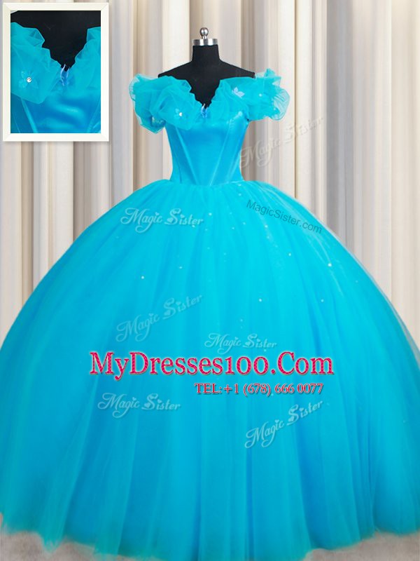 Dramatic Baby Blue Tulle Lace Up Off The Shoulder Sleeveless Quinceanera Gowns Court Train Hand Made Flower