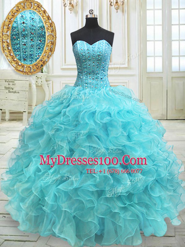 Aqua Blue Sleeveless Floor Length Beading and Ruffles Lace Up Ball Gown Prom Dress