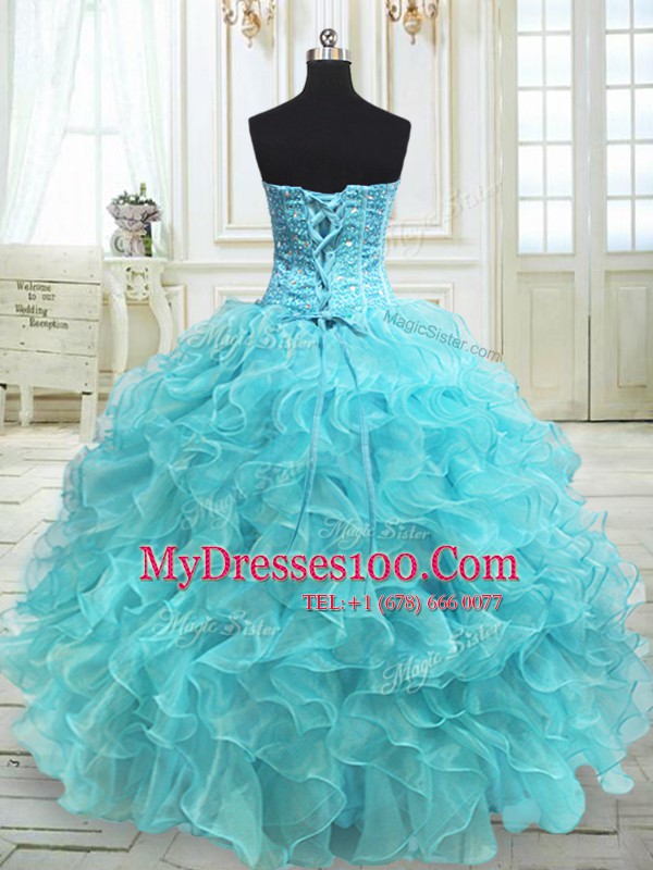 Aqua Blue Sleeveless Floor Length Beading and Ruffles Lace Up Ball Gown Prom Dress