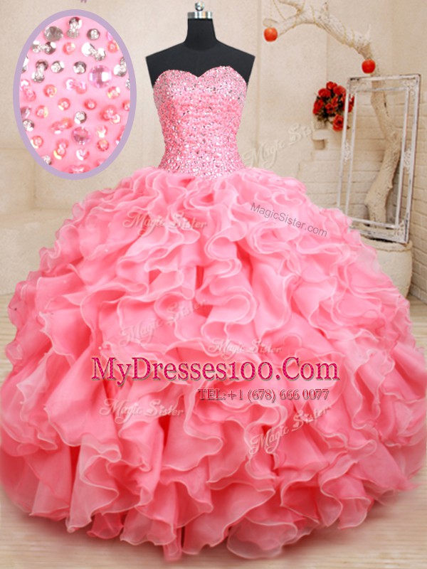 Floor Length Lace Up 15 Quinceanera Dress Pink for Military Ball and Sweet 16 and Quinceanera with Beading and Ruffles