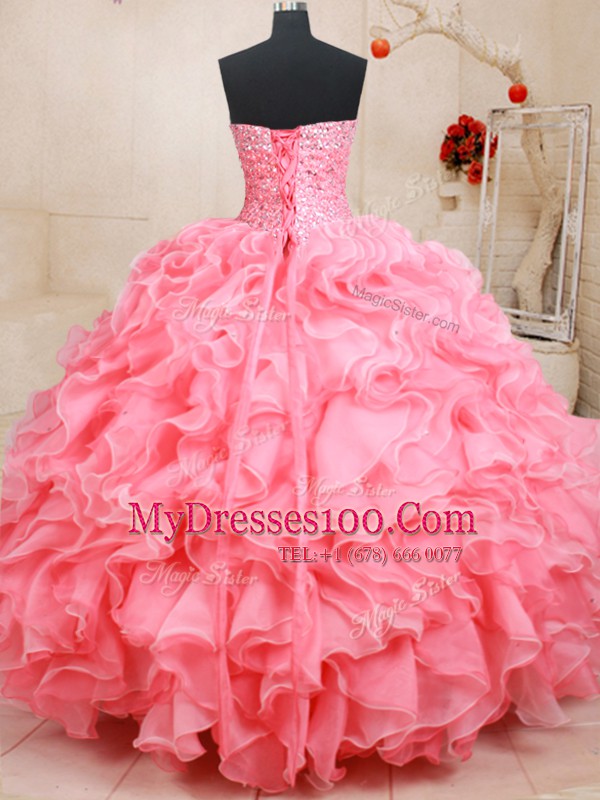 Floor Length Lace Up 15 Quinceanera Dress Pink for Military Ball and Sweet 16 and Quinceanera with Beading and Ruffles