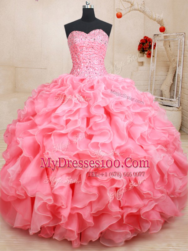 Floor Length Lace Up 15 Quinceanera Dress Pink for Military Ball and Sweet 16 and Quinceanera with Beading and Ruffles