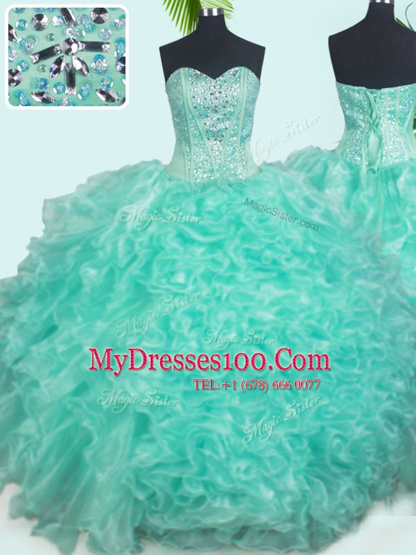 Turquoise Sweetheart Lace Up Beading and Ruffles Quinceanera Dresses Sleeveless