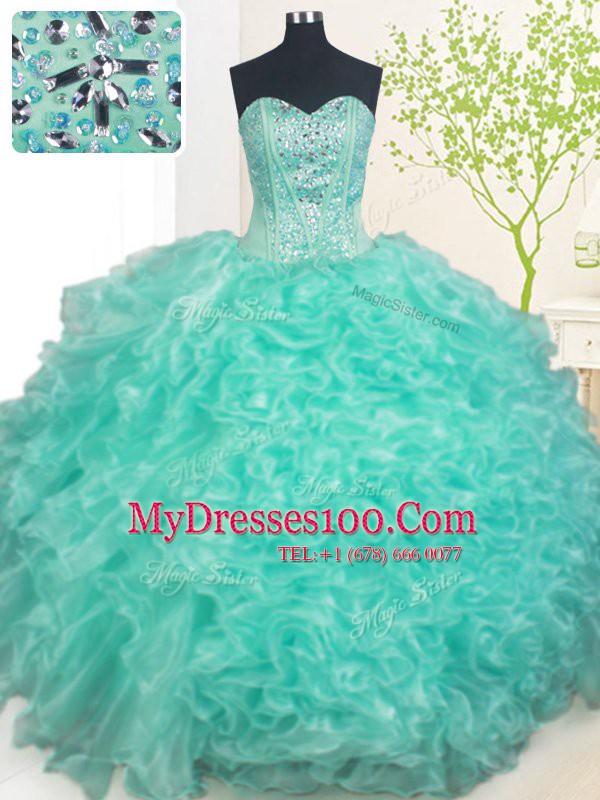 Turquoise Sweetheart Lace Up Beading and Ruffles Quinceanera Dresses Sleeveless