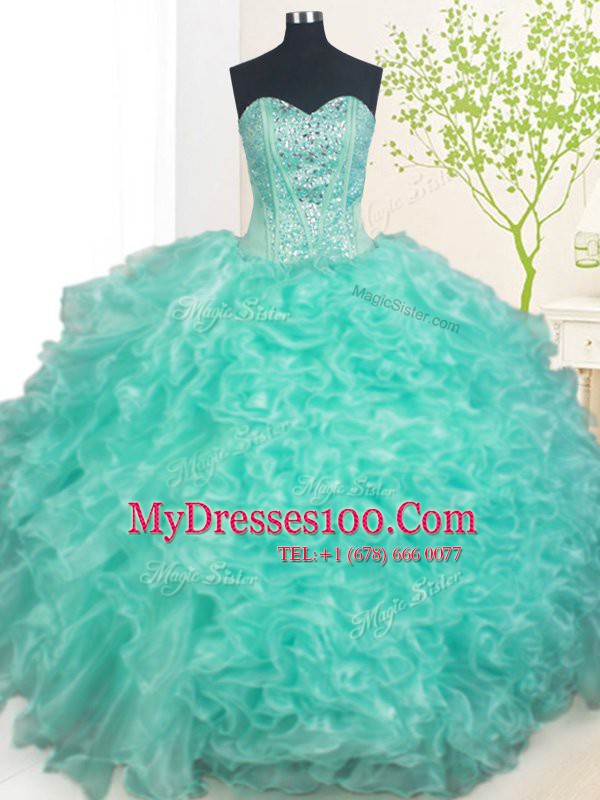 Turquoise Sweetheart Lace Up Beading and Ruffles Quinceanera Dresses Sleeveless