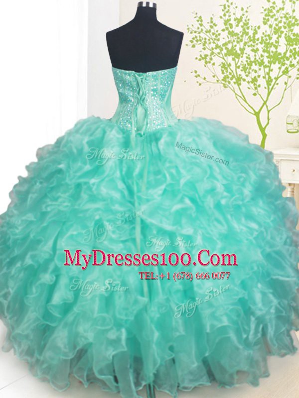 Turquoise Sweetheart Lace Up Beading and Ruffles Quinceanera Dresses Sleeveless