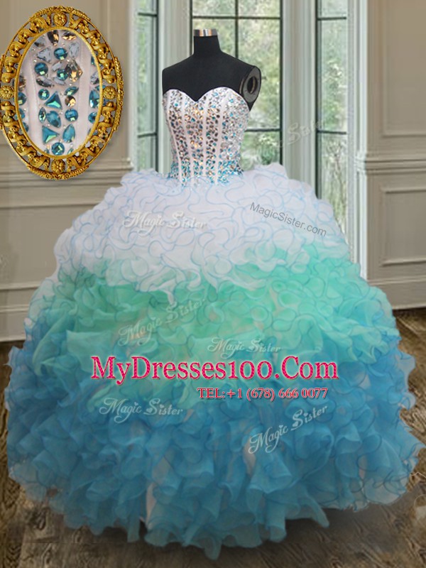 Fancy Multi-color Lace Up Sweet 16 Dresses Beading and Ruffles Sleeveless Floor Length