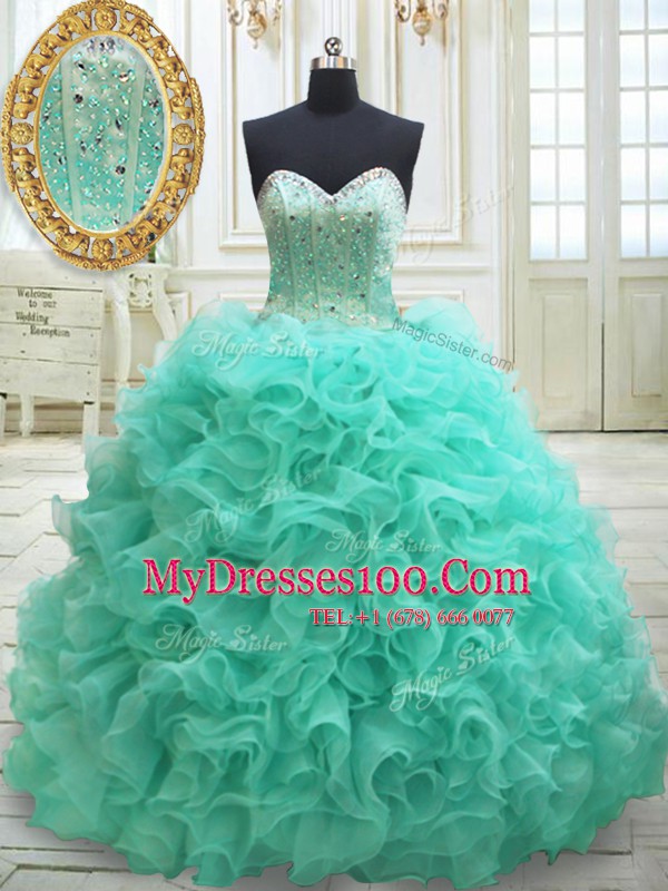 Hot Sale Apple Green Sleeveless Brush Train Beading and Ruffles Quinceanera Gown