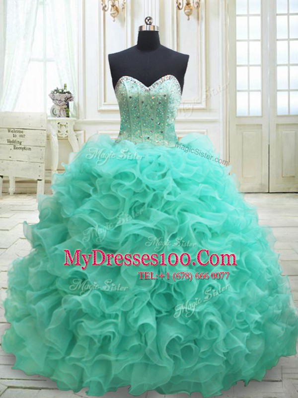 Hot Sale Apple Green Sleeveless Brush Train Beading and Ruffles Quinceanera Gown