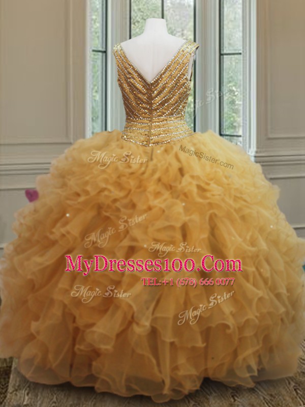 Floor Length Ball Gowns Sleeveless Gold Quince Ball Gowns Zipper