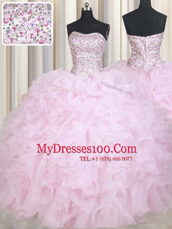 Baby Pink Ball Gowns Beading and Ruffles 15 Quinceanera Dress Lace Up Organza Sleeveless Floor Length