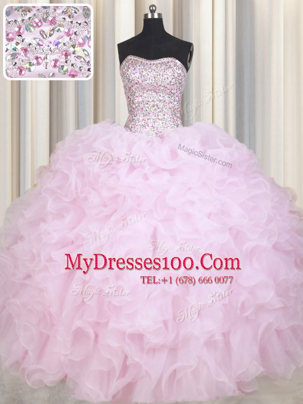 Baby Pink Ball Gowns Beading and Ruffles 15 Quinceanera Dress Lace Up Organza Sleeveless Floor Length