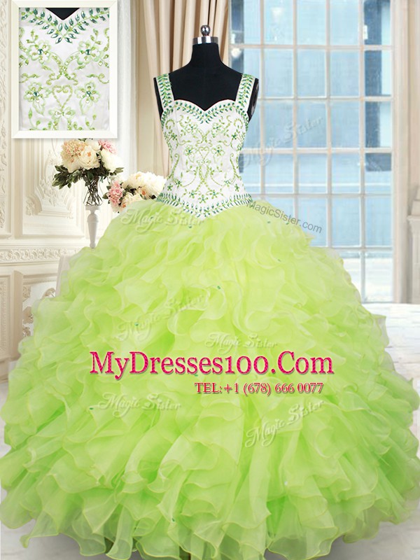 Flirting Straps Floor Length Lace Up Sweet 16 Quinceanera Dress Yellow Green for Military Ball and Sweet 16 and Quinceanera with Beading and Ruffles