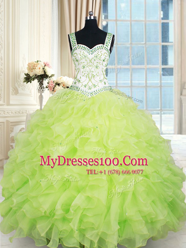 Flirting Straps Floor Length Lace Up Sweet 16 Quinceanera Dress Yellow Green for Military Ball and Sweet 16 and Quinceanera with Beading and Ruffles