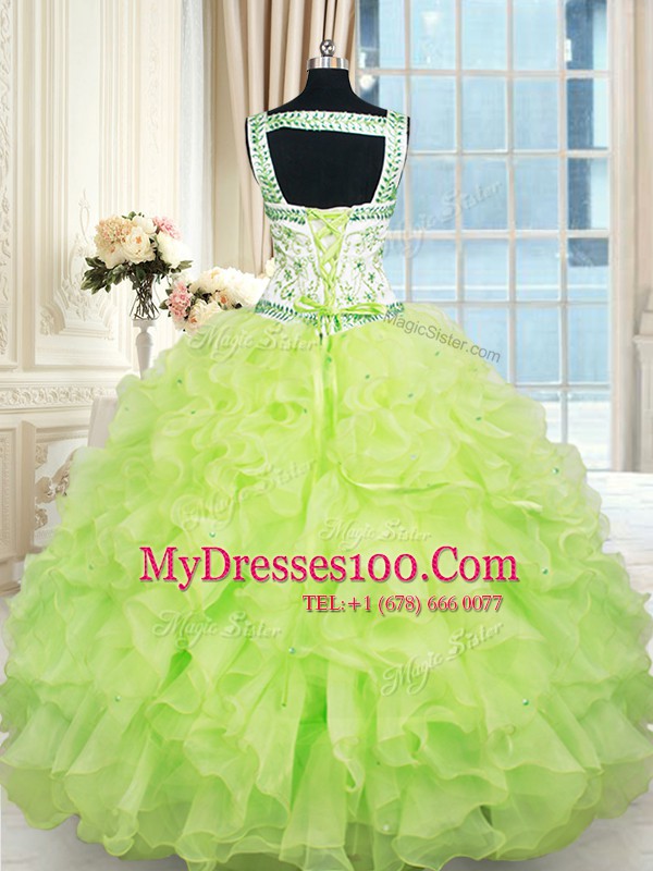 Flirting Straps Floor Length Lace Up Sweet 16 Quinceanera Dress Yellow Green for Military Ball and Sweet 16 and Quinceanera with Beading and Ruffles
