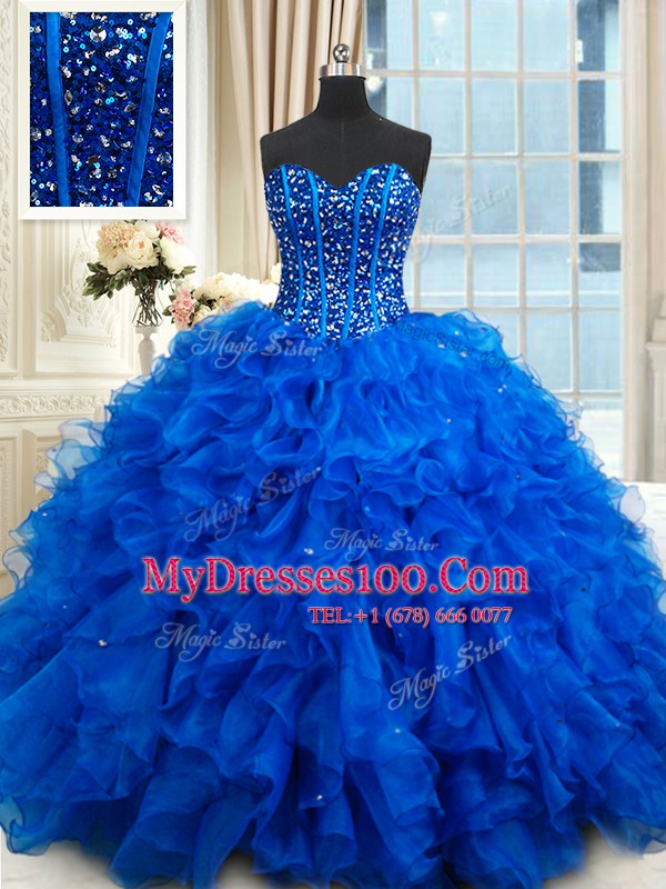 Latest Royal Blue Sweetheart Lace Up Beading and Ruffles Quinceanera Gown Sleeveless