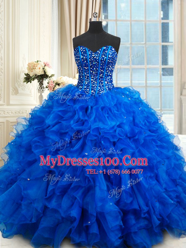 Latest Royal Blue Sweetheart Lace Up Beading and Ruffles Quinceanera Gown Sleeveless