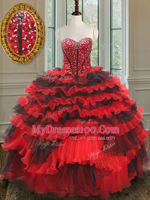 Flare Ball Gowns Ball Gown Prom Dress Red And Black Sweetheart Organza Sleeveless Floor Length Lace Up