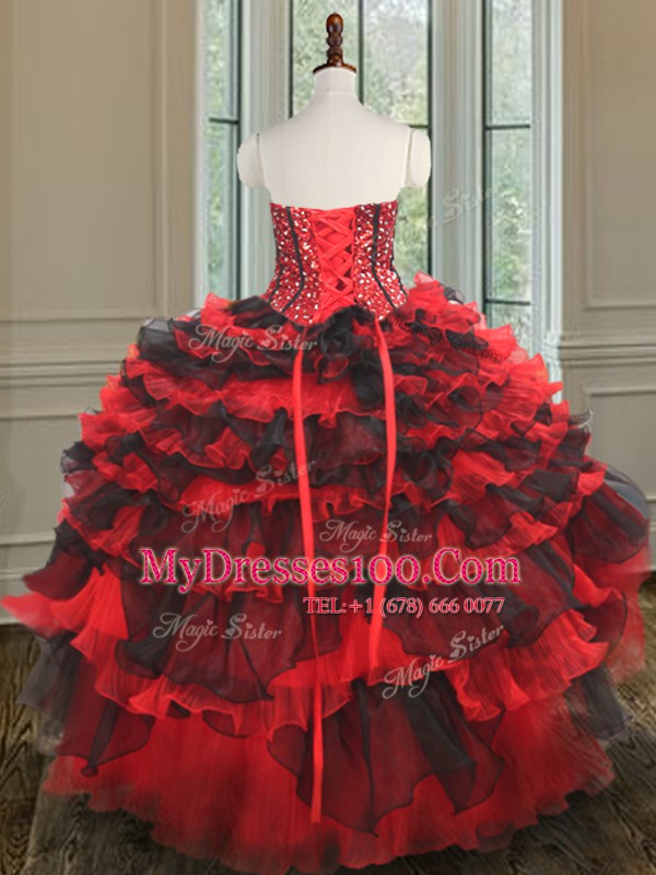 Flare Ball Gowns Ball Gown Prom Dress Red And Black Sweetheart Organza Sleeveless Floor Length Lace Up