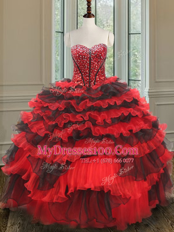 Flare Ball Gowns Ball Gown Prom Dress Red And Black Sweetheart Organza Sleeveless Floor Length Lace Up