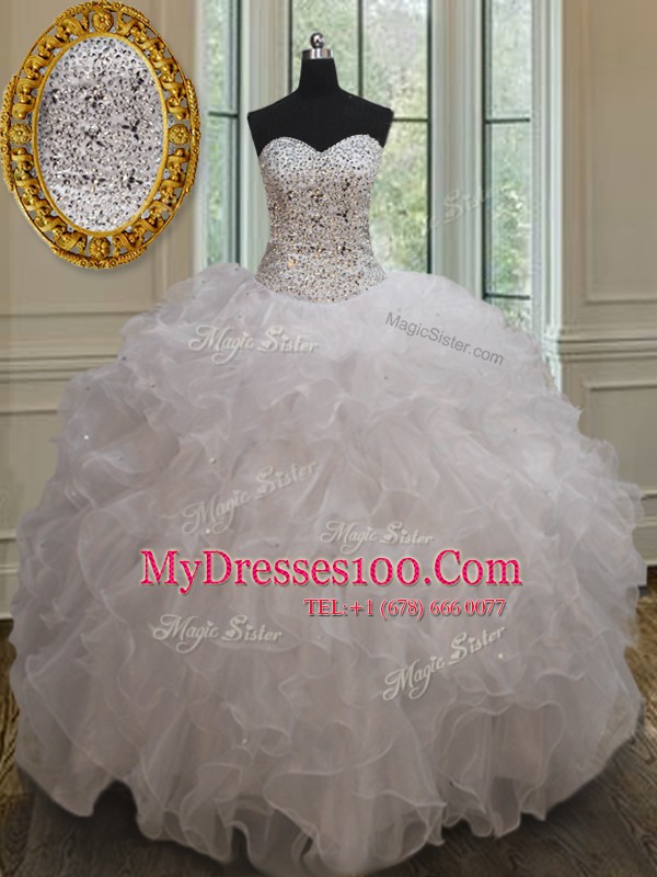 Custom Fit White Ball Gowns Sweetheart Sleeveless Organza Floor Length Lace Up Beading and Ruffles Ball Gown Prom Dress