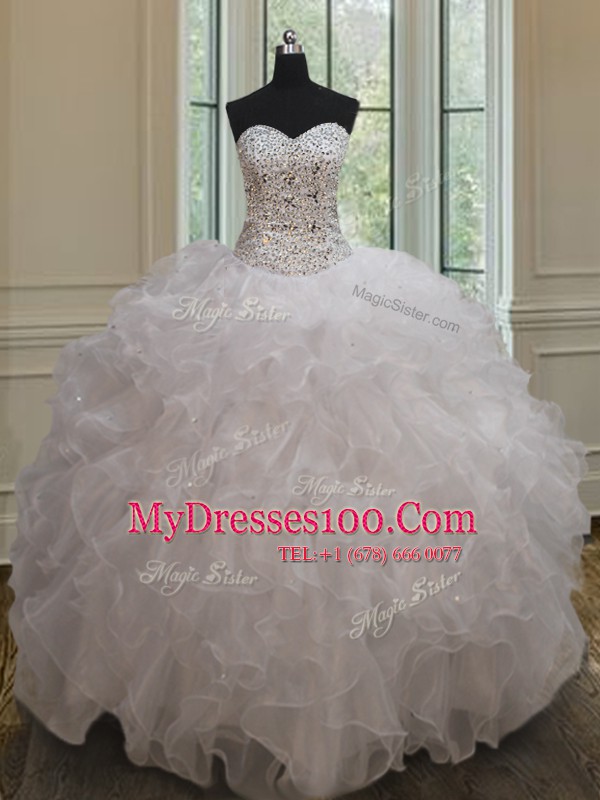 Custom Fit White Ball Gowns Sweetheart Sleeveless Organza Floor Length Lace Up Beading and Ruffles Ball Gown Prom Dress