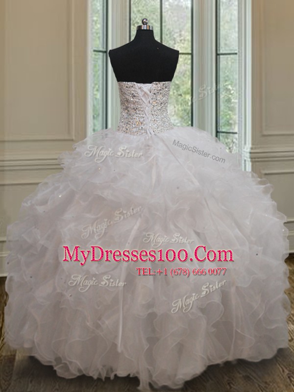 Custom Fit White Ball Gowns Sweetheart Sleeveless Organza Floor Length Lace Up Beading and Ruffles Ball Gown Prom Dress