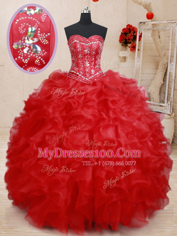 Amazing Floor Length Red 15th Birthday Dress Sweetheart Sleeveless Lace Up