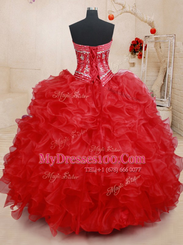 Amazing Floor Length Red 15th Birthday Dress Sweetheart Sleeveless Lace Up