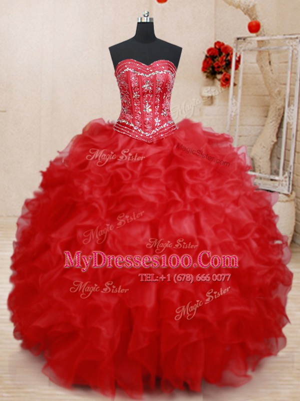 Amazing Floor Length Red 15th Birthday Dress Sweetheart Sleeveless Lace Up