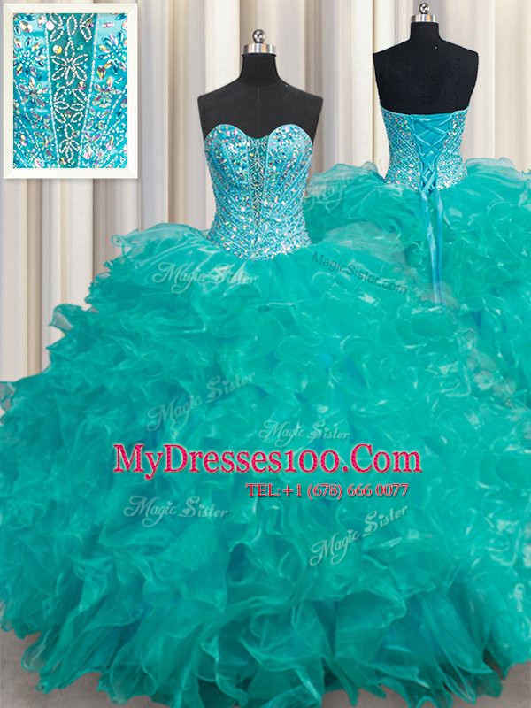 Glamorous Beading and Ruffles Quinceanera Gowns Turquoise Lace Up Sleeveless Floor Length