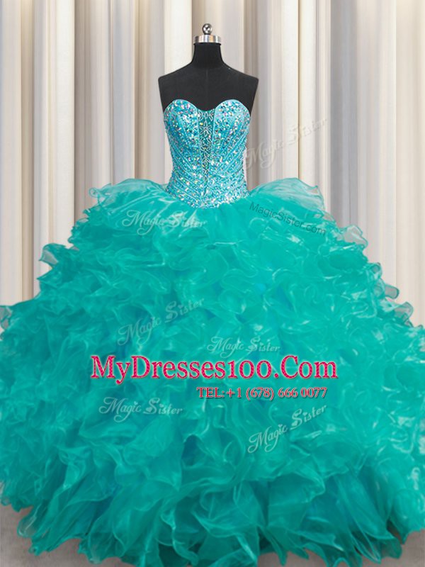 Glamorous Beading and Ruffles Quinceanera Gowns Turquoise Lace Up Sleeveless Floor Length